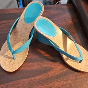 Style & Co. Teal Cork Wedge Thong Sandals